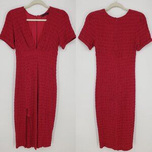Vix Paula Hermanny Smocked Midi Bodycon Dress M Short Sleeves Plunge V Neck Red
